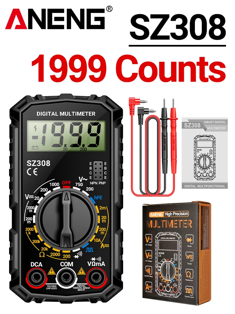 ANENG SZ308 Tester 1999 Counts Multitester HFE Triode Square Wave Multimeter Voltmeter Meter 10A Current Multimeters Test Tools