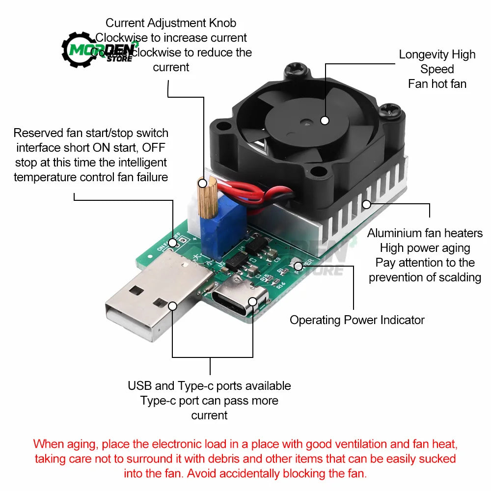 18W 22.5W Electronic Test Load Resistor USB Interface Battery Discharge Capacity Tester with Fan Adjustable Current Module Tool